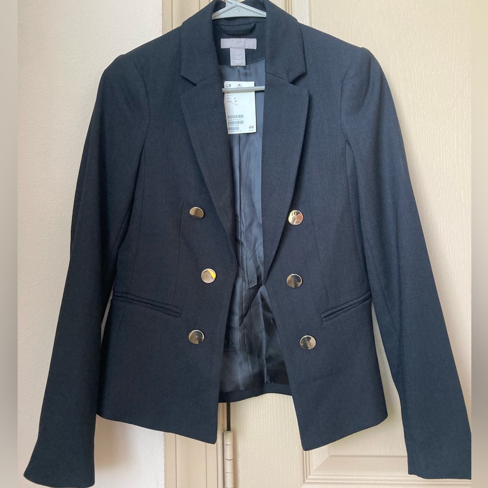 H&M Black Double Breasted Blazer Tailored Suit Jacket with Silver Buttons